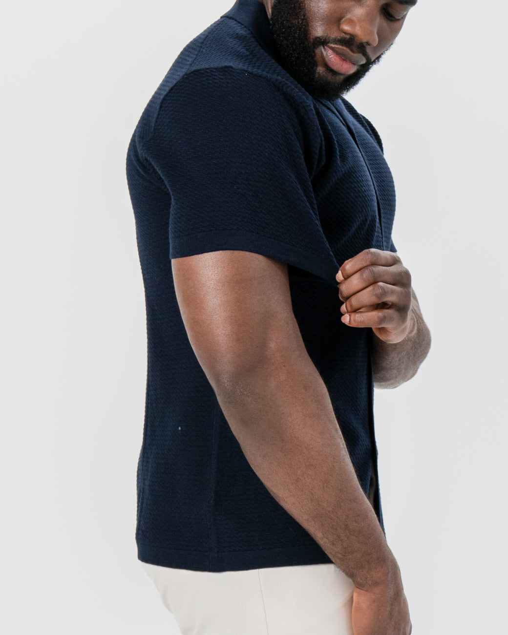 Textured Knit Short Sleeve Button Down - Navy