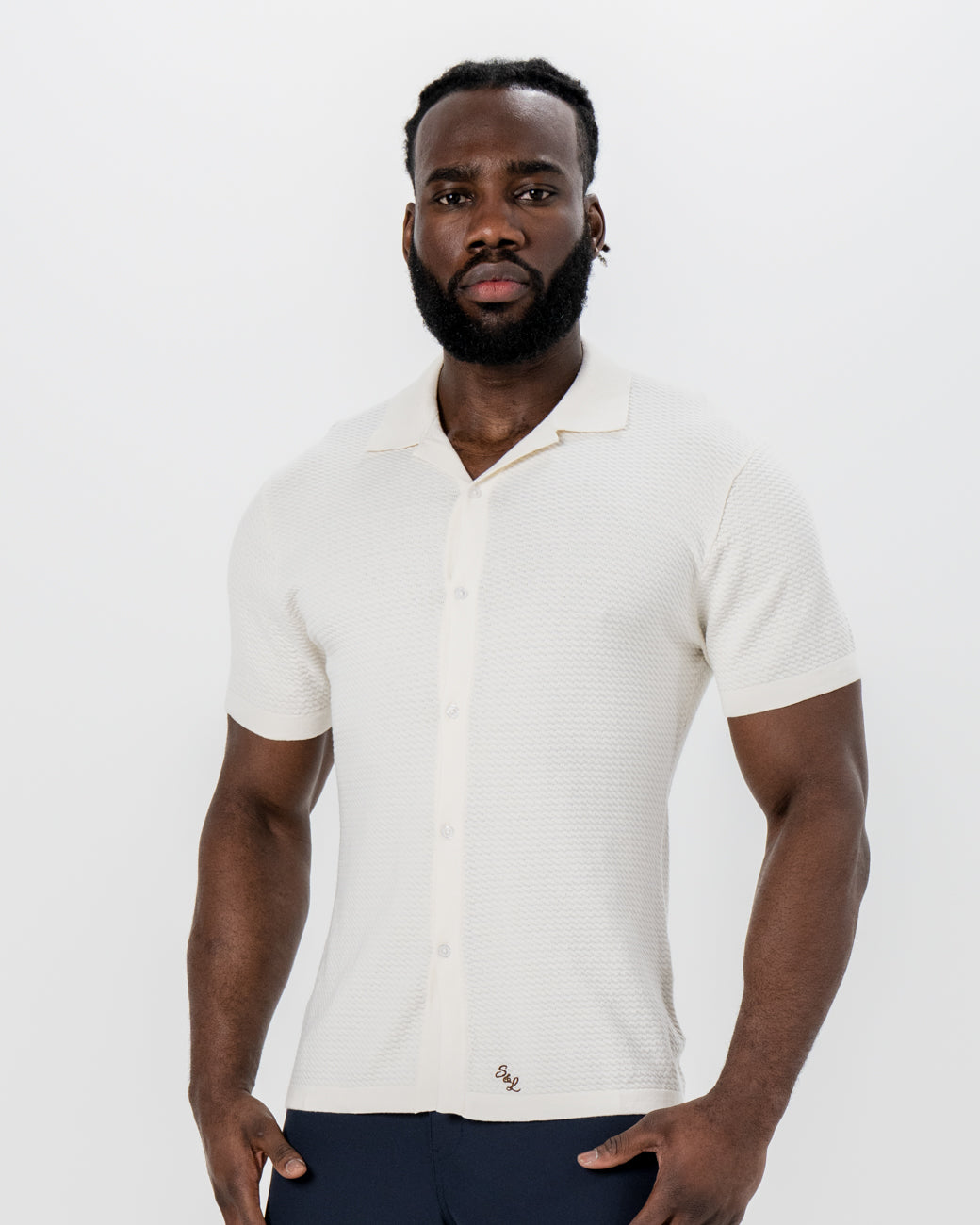 Textured Knit Short Sleeve Button Down - Tan