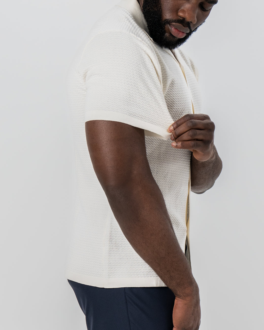 Textured Knit Short Sleeve Button Down - Tan