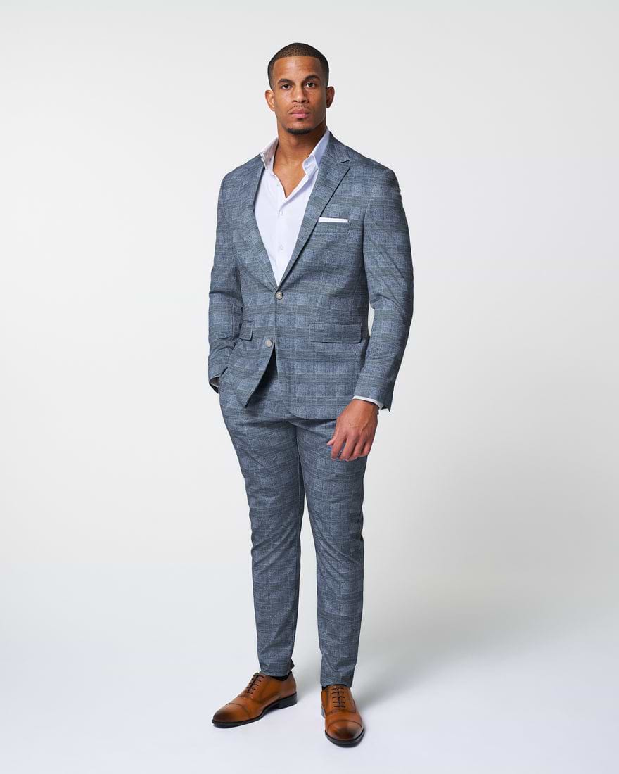 Athletic Fit Stretch Blazer - Knit Light Blue, Navy & White Plaid