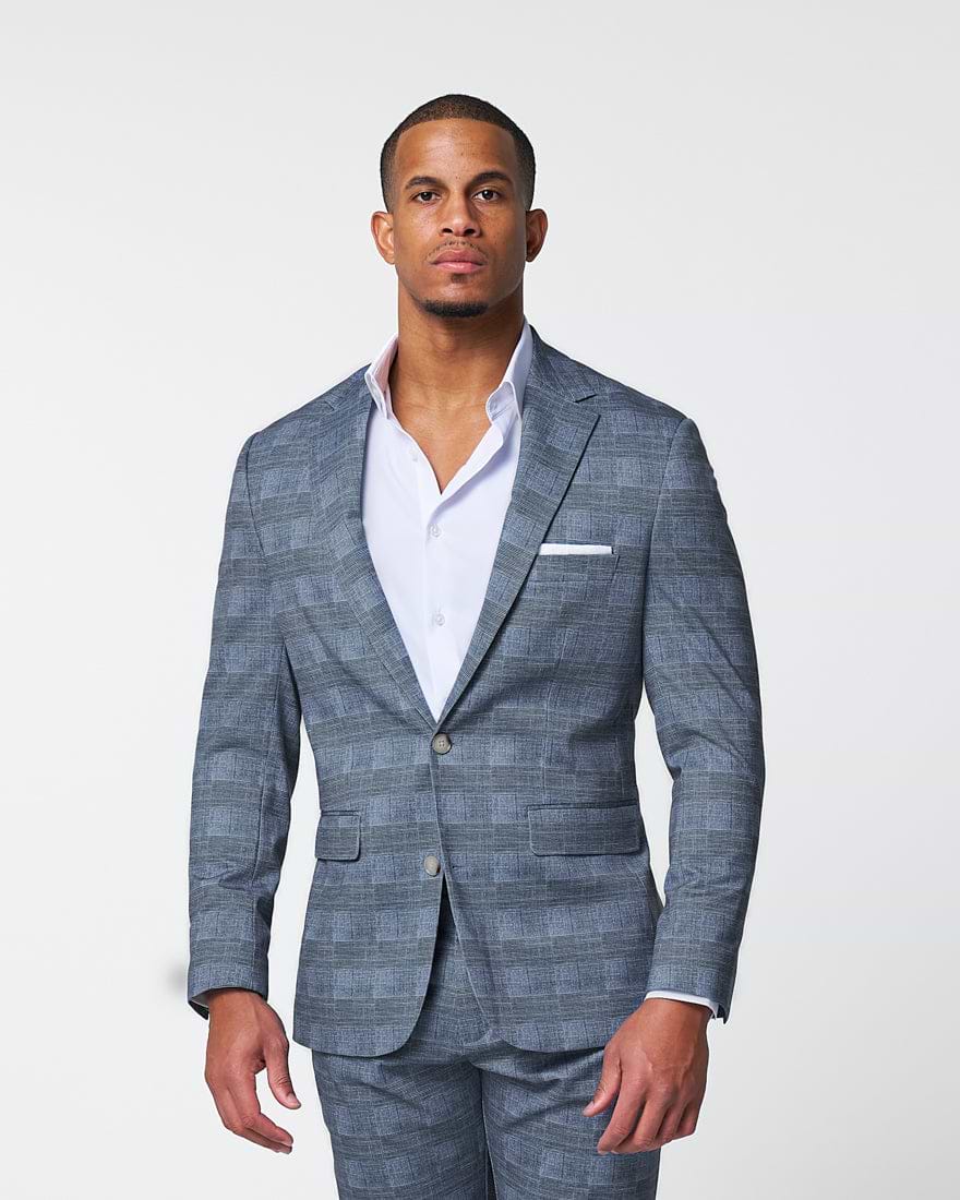 Athletic Fit Stretch Blazer - Knit Light Blue, Navy & White Plaid