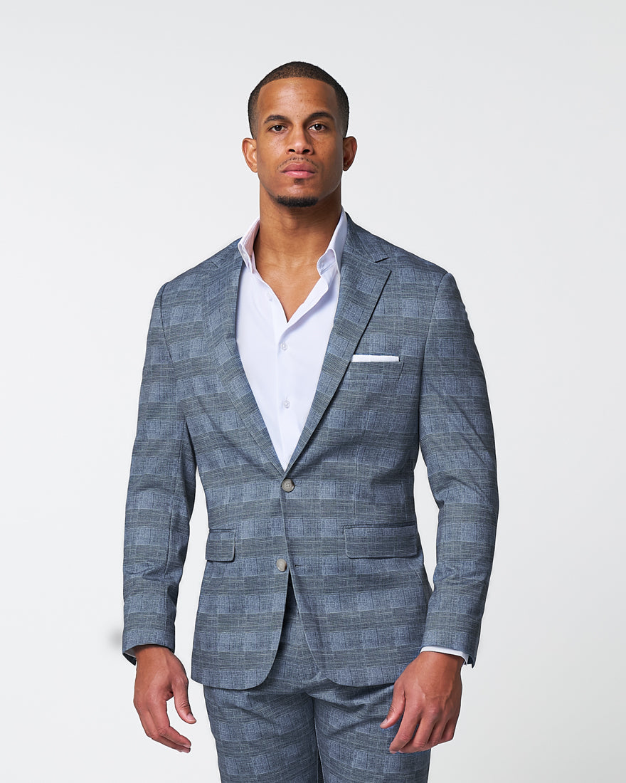 Athletic Fit Stretch Blazer - Knit Light Blue, Navy & White Plaid