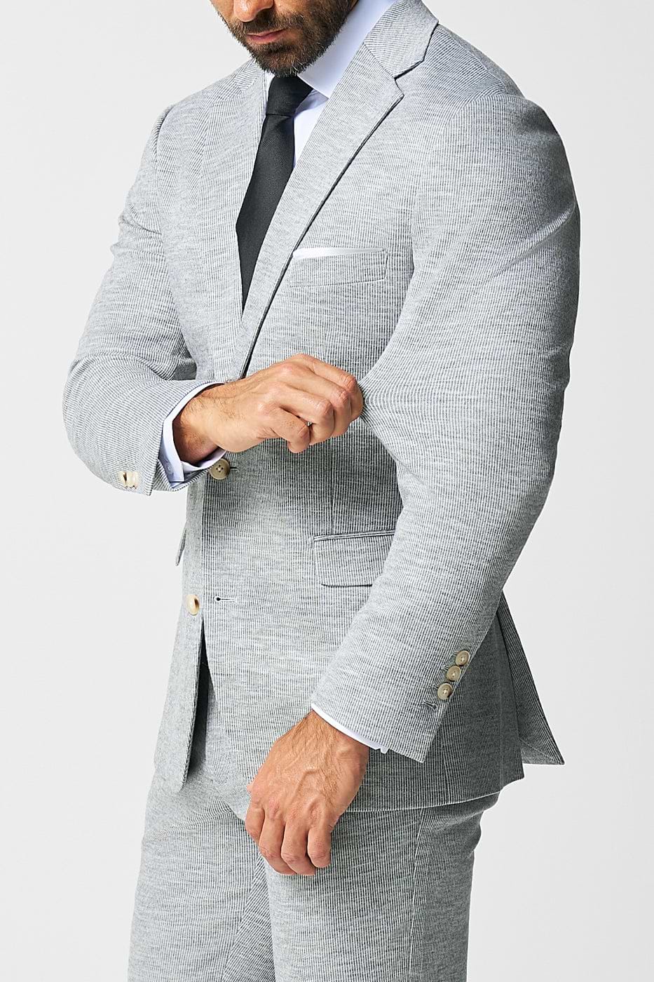 Athletic Fit Stretch Wool Blazer - Light Grey with White Mini Stripe