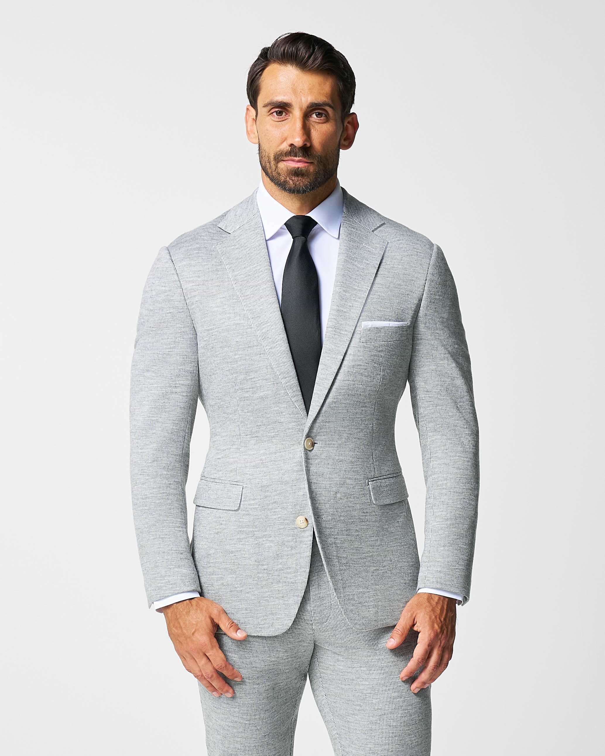 Athletic Fit Stretch Wool Blazer - Light Grey with White Mini Stripe