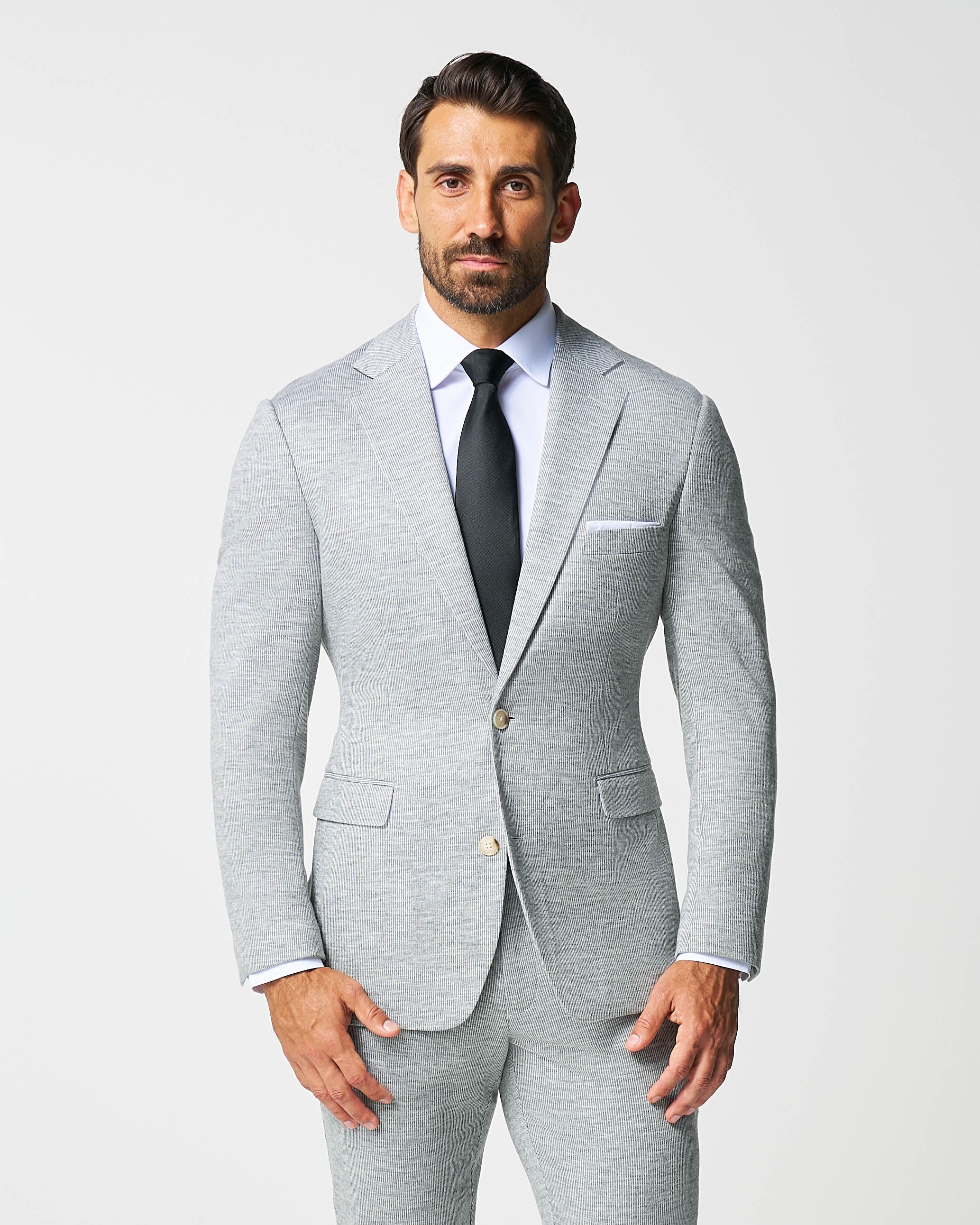 Athletic Fit Stretch Wool Blazer - Light Grey with White Mini Stripe