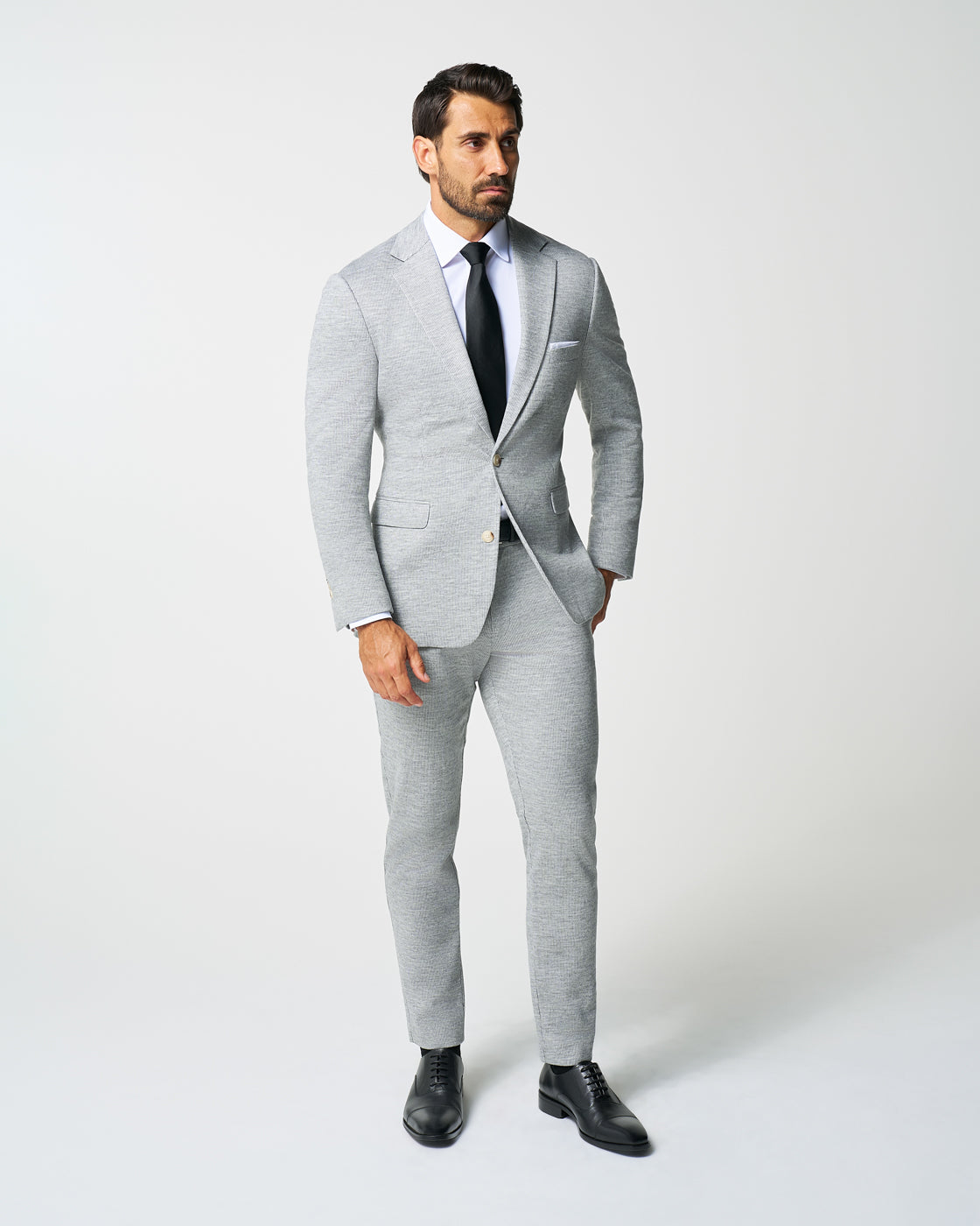 Athletic Fit Stretch Wool Blazer - Light Grey with White Mini Stripe