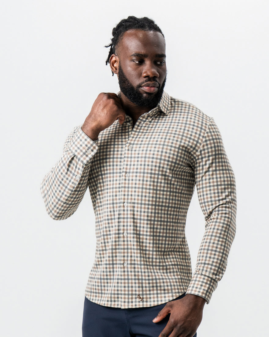 "The Palmer" Brown, Grey, and White Gingham Button Down