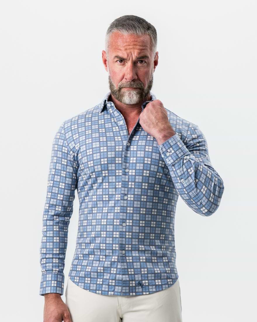 "The Ellis" Blue, Tan & Teal Plaid Button Down