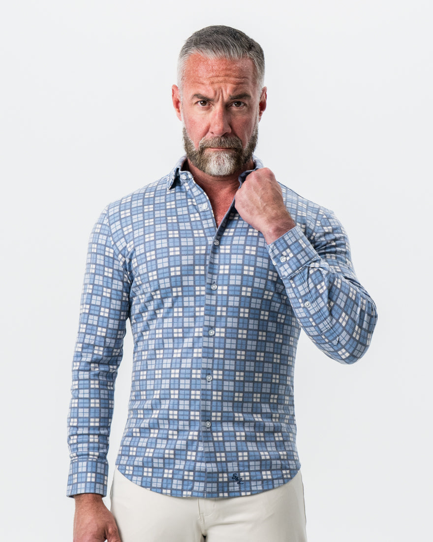 "The Ellis" Blue, Tan & Teal Plaid Button Down