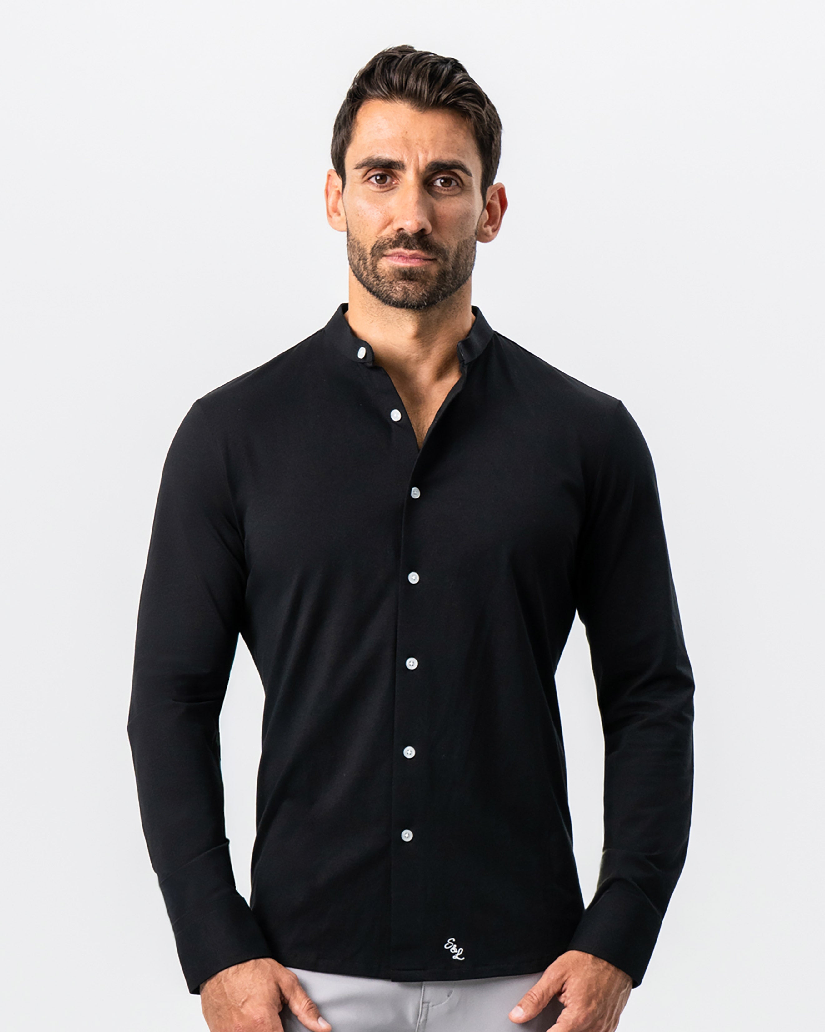 Banded Collar Button Down - Black