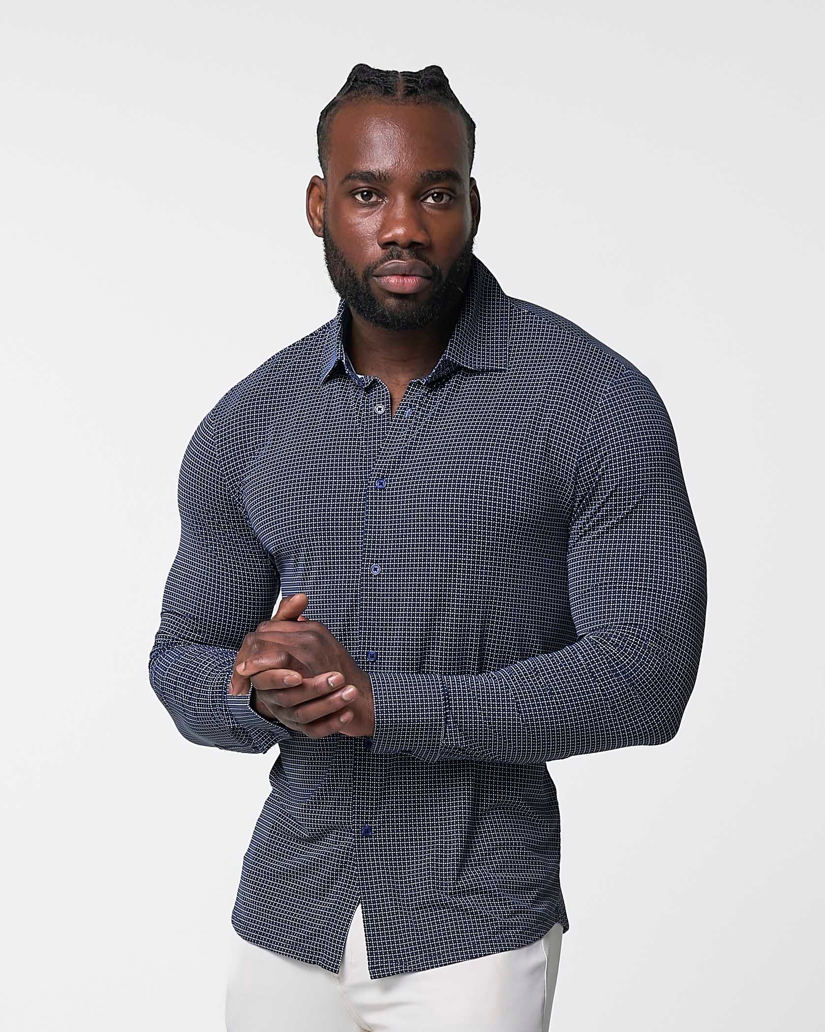 "The Eisenhower" Sport Shirt - Navy With White Grid