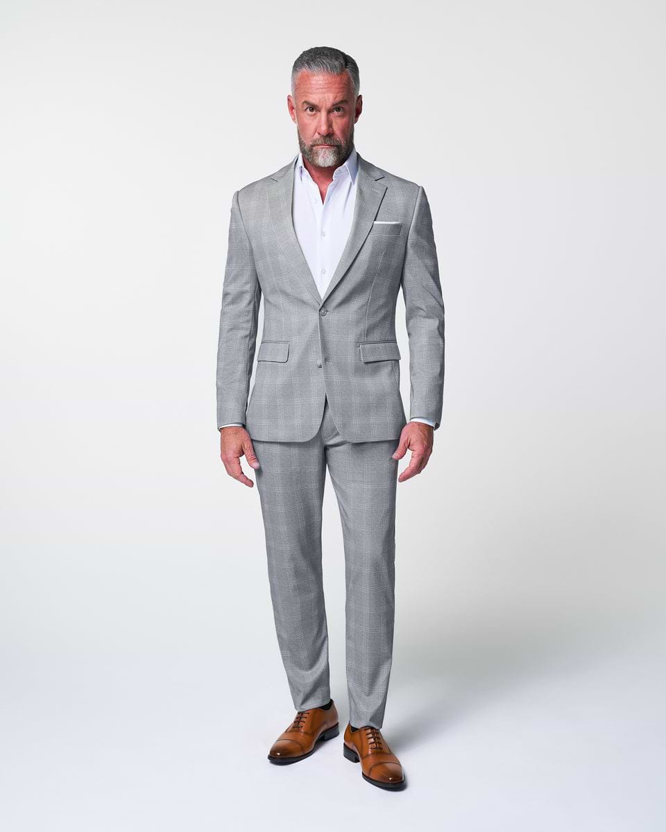 Athletic Fit Stretch Suit Pants - Ash Grey with White Plaid