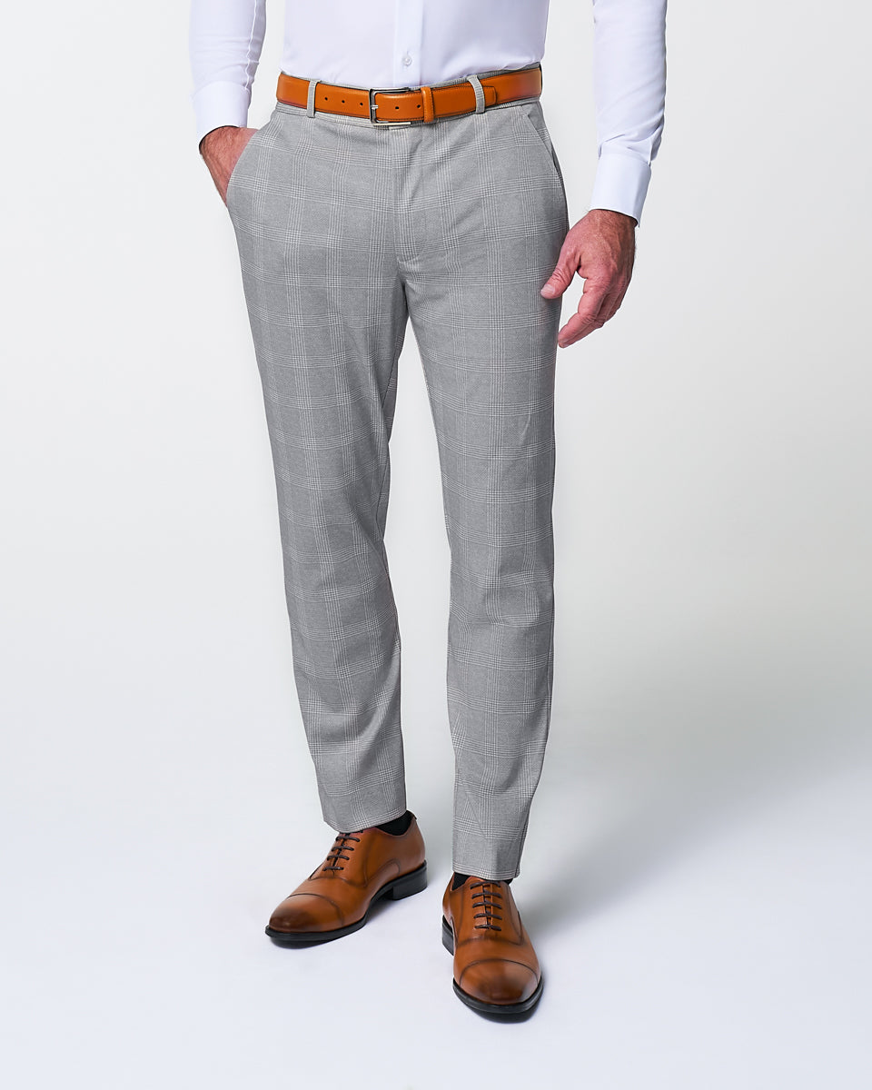 Athletic Fit Stretch Suit Pants - Ash Grey with White Plaid