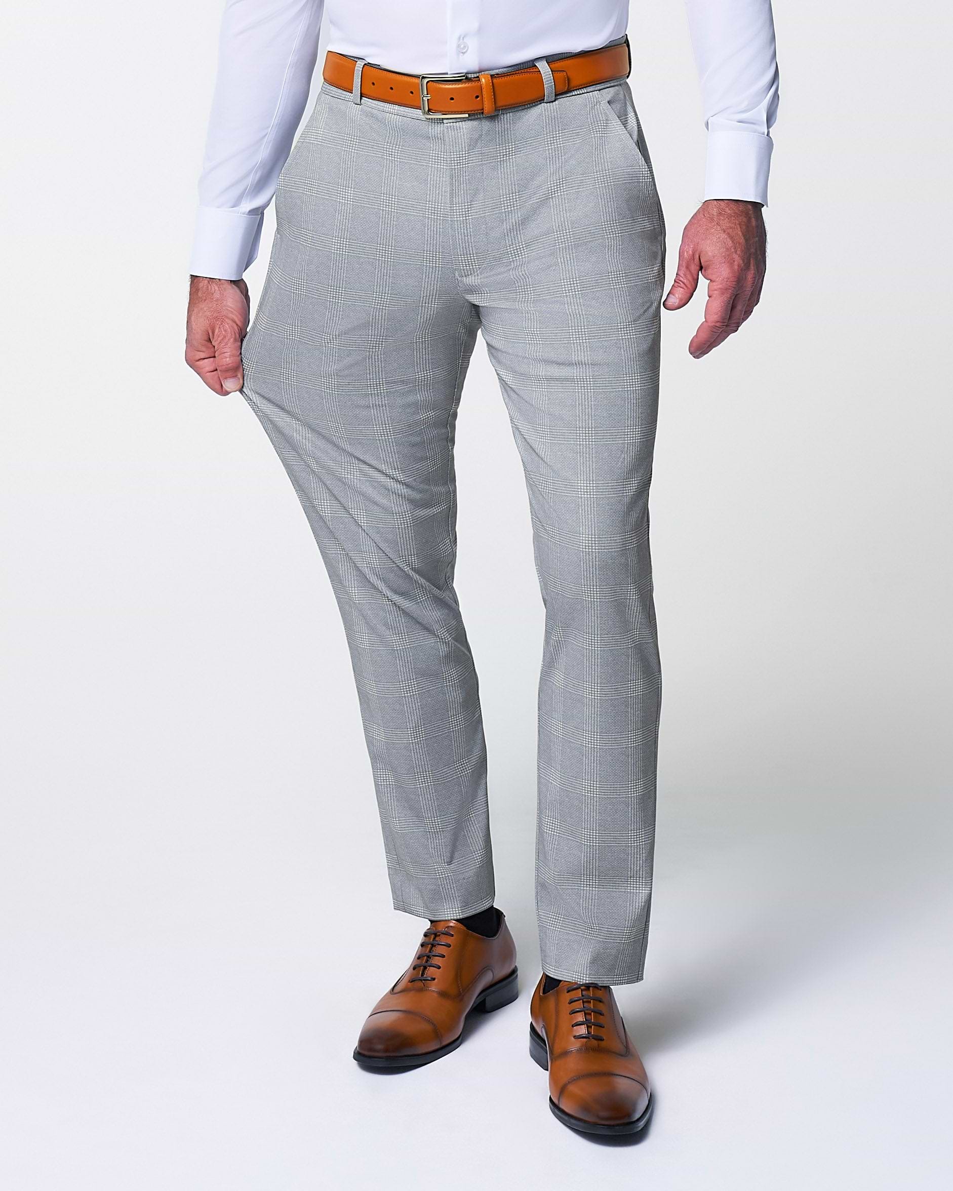 Athletic Fit Stretch Suit Pants - Ash Grey with White Plaid