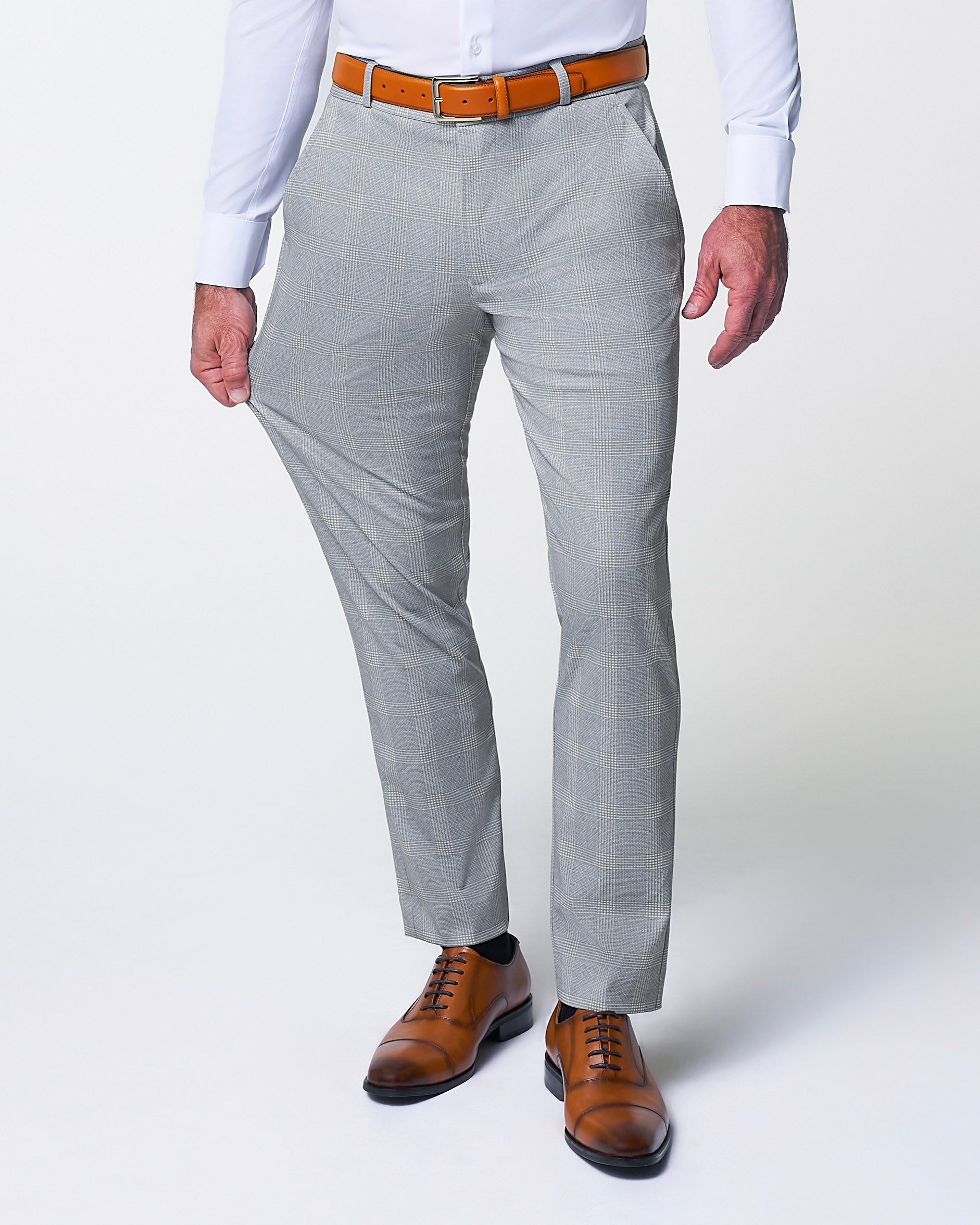 Athletic Fit Stretch Suit Pants - Ash Grey with White Plaid