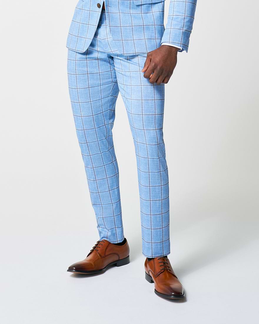Athletic Fit Stretch Suit Pants - Light Blue and Brown Big Windowpane