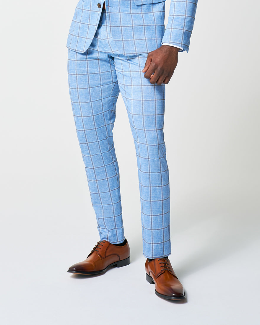 Athletic Fit Stretch Suit Pants - Light Blue and Brown Big Windowpane