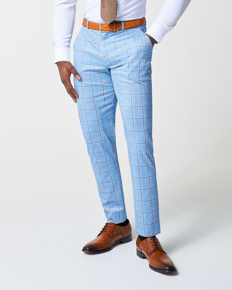Athletic Fit Stretch Suit Pants - Light Blue and Brown Big Windowpane