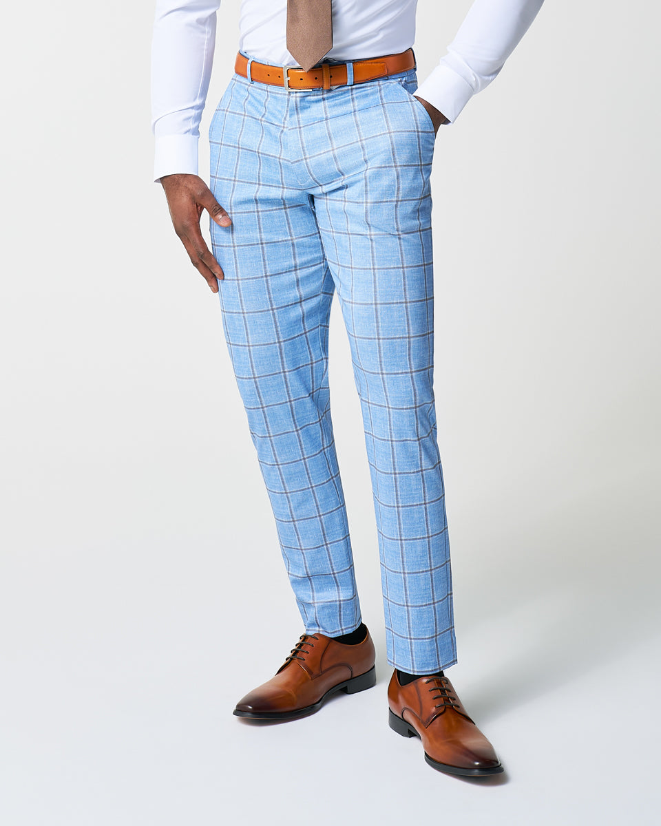 Athletic Fit Stretch Suit Pants - Light Blue and Brown Big Windowpane