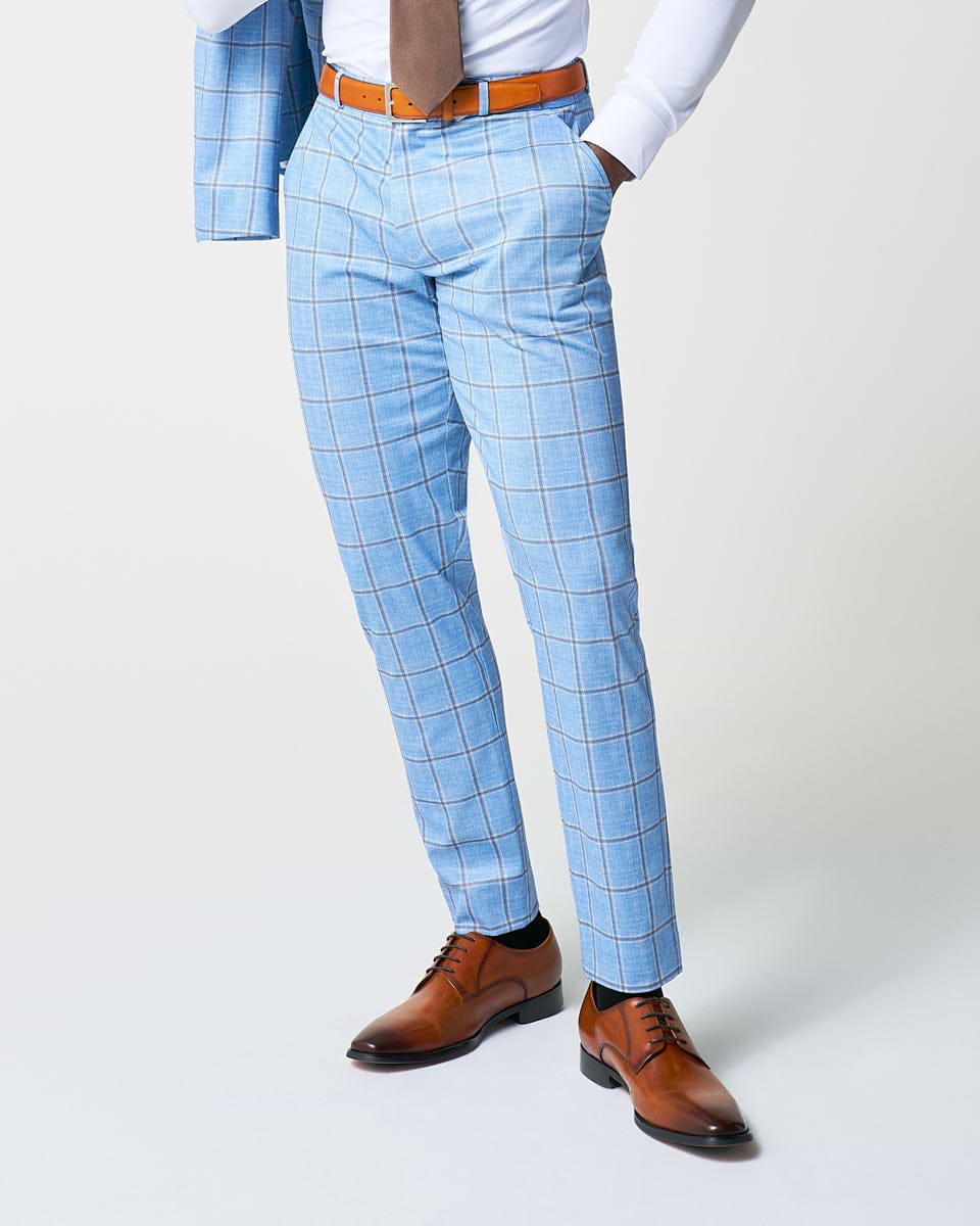 Athletic Fit Stretch Suit Pants - Light Blue and Brown Big Windowpane