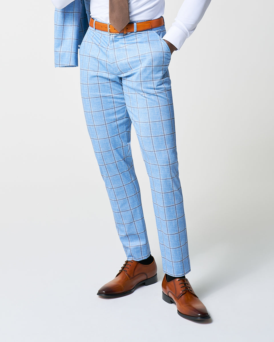 Athletic Fit Stretch Suit Pants - Light Blue and Brown Big Windowpane