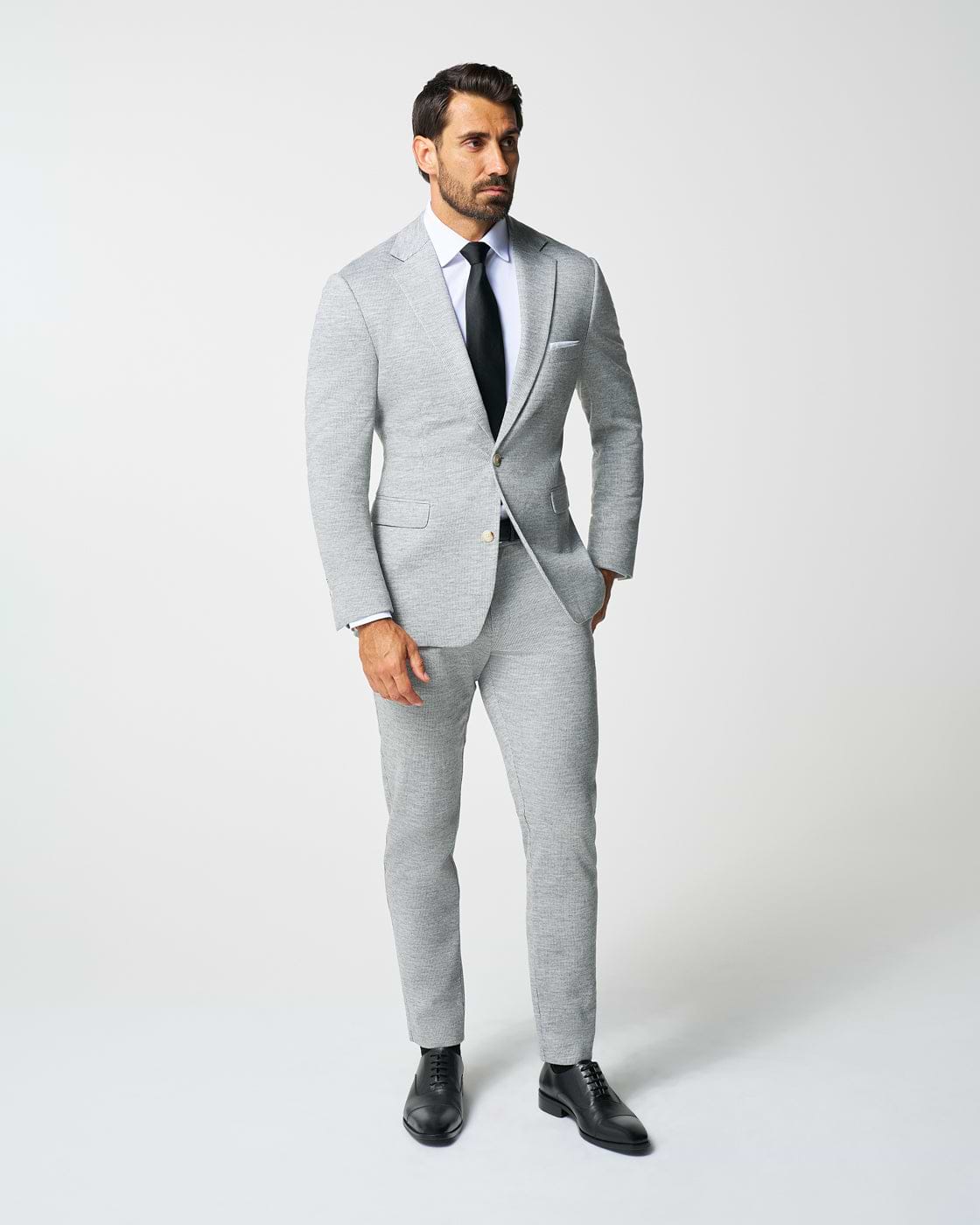 Athletic Fit Stretch Wool Suit Pants - Light Grey with White Mini Stripe