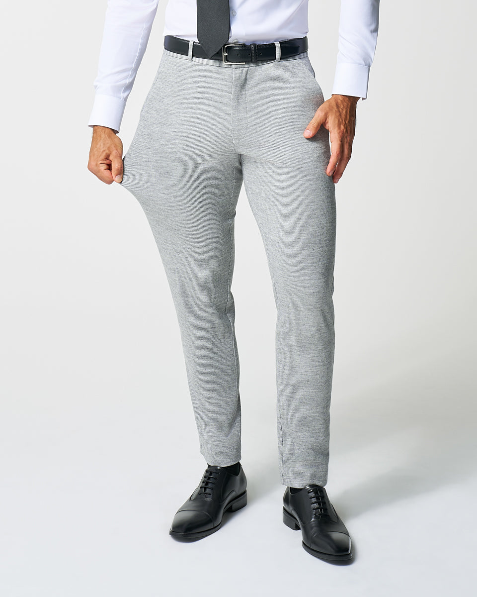 Athletic Fit Stretch Wool Suit Pants - Light Grey with White Mini Stripe