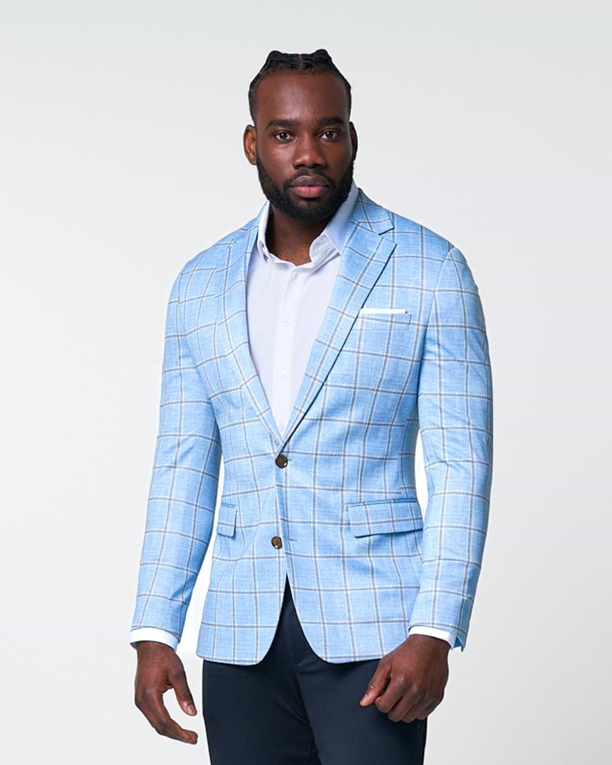 Athletic Fit Stretch Blazer - Light Blue and Brown Big Windowpane