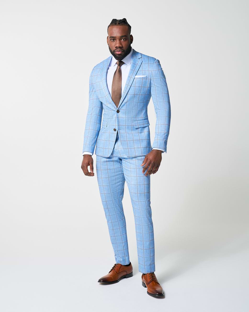 Athletic Fit Stretch Blazer - Light Blue and Brown Big Windowpane