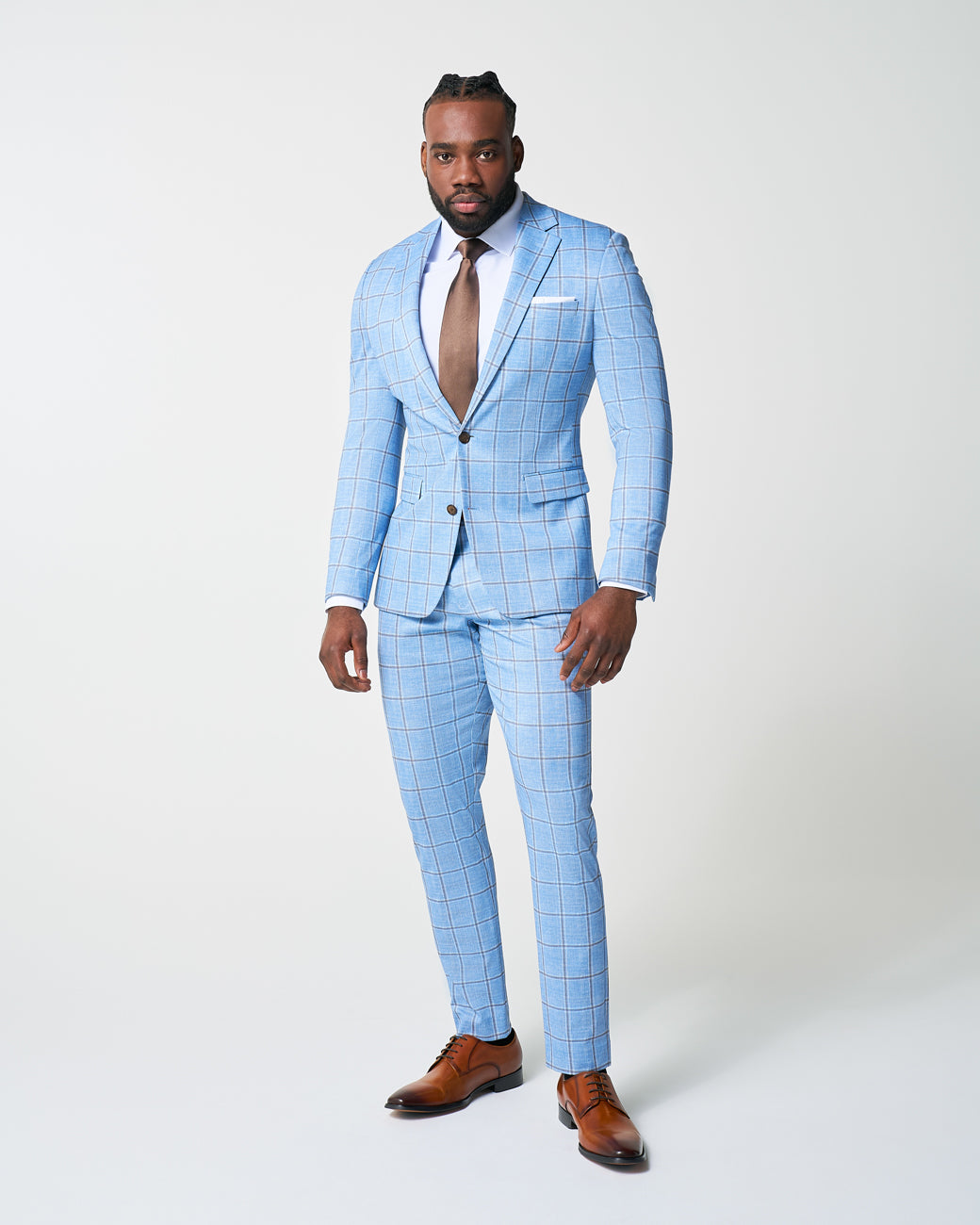 Athletic Fit Stretch Blazer - Light Blue and Brown Big Windowpane