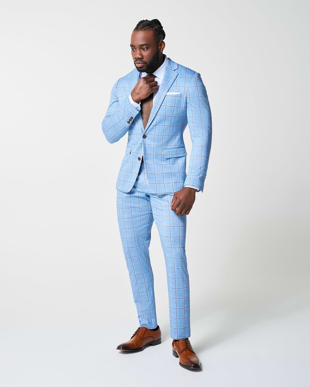 Athletic Fit Stretch Blazer - Light Blue and Brown Big Windowpane
