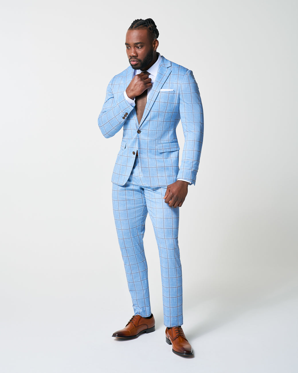Athletic Fit Stretch Blazer - Light Blue and Brown Big Windowpane