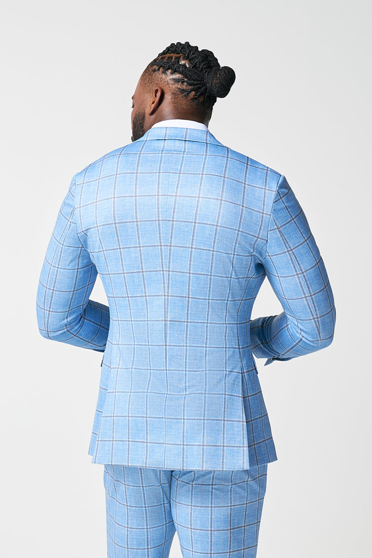 Athletic Fit Stretch Blazer - Light Blue and Brown Big Windowpane