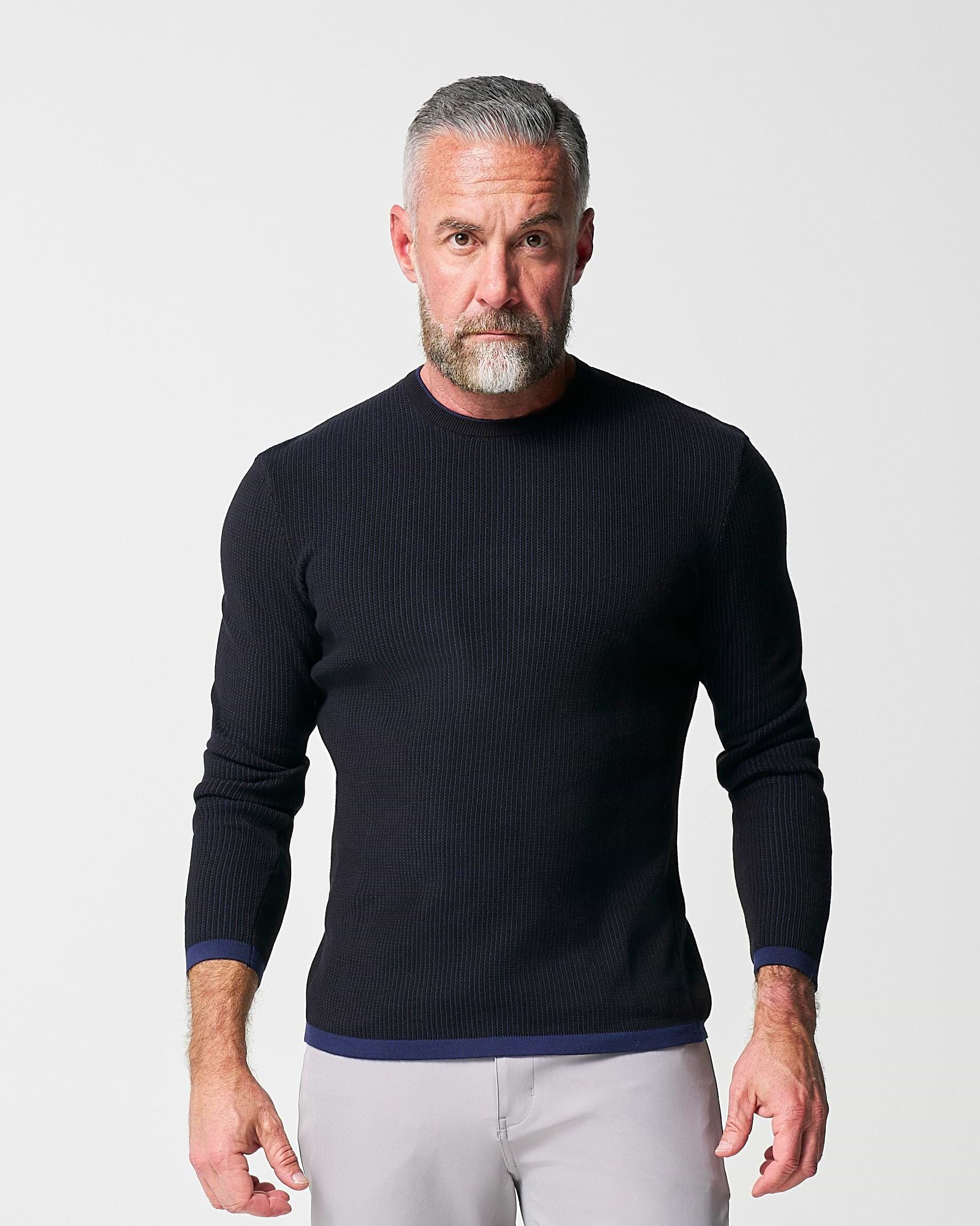 Lightweight Ribbed Knit Crewneck Sweater - Navy & Black