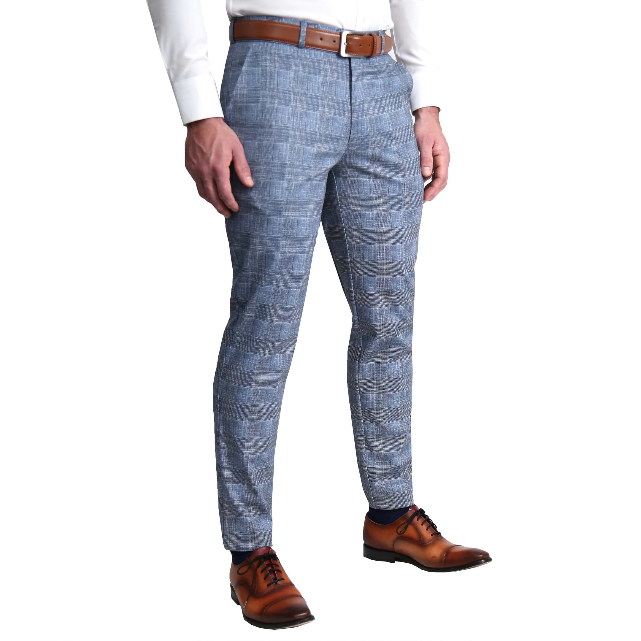 Athletic Fit Stretch Suit - Knit Light Blue, Navy & White Plaid