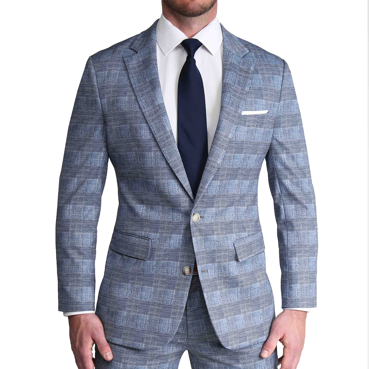Athletic Fit Stretch Suit - Knit Light Blue, Navy & White Plaid