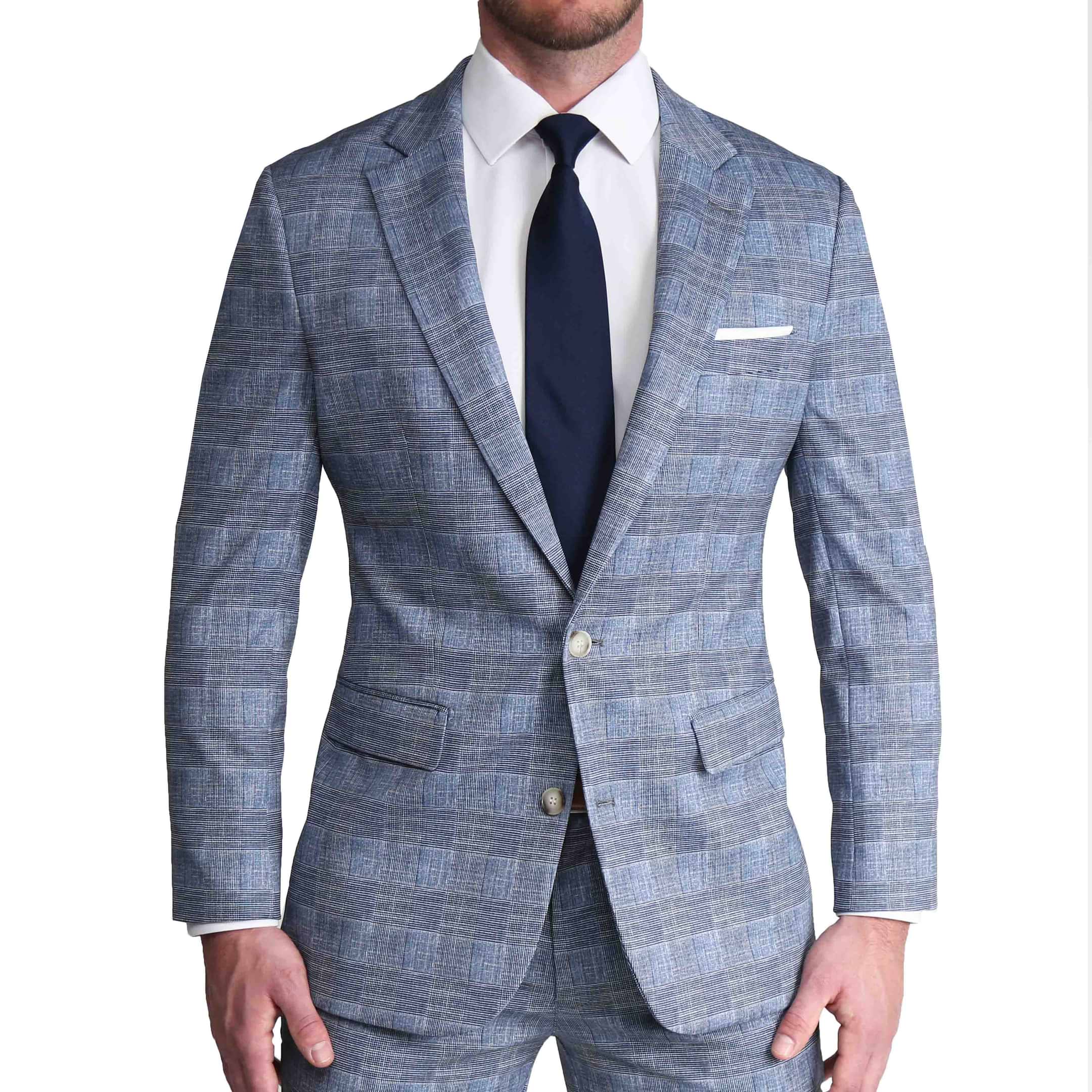 Athletic Fit Stretch Suit - Knit Light Blue, Navy & White Plaid