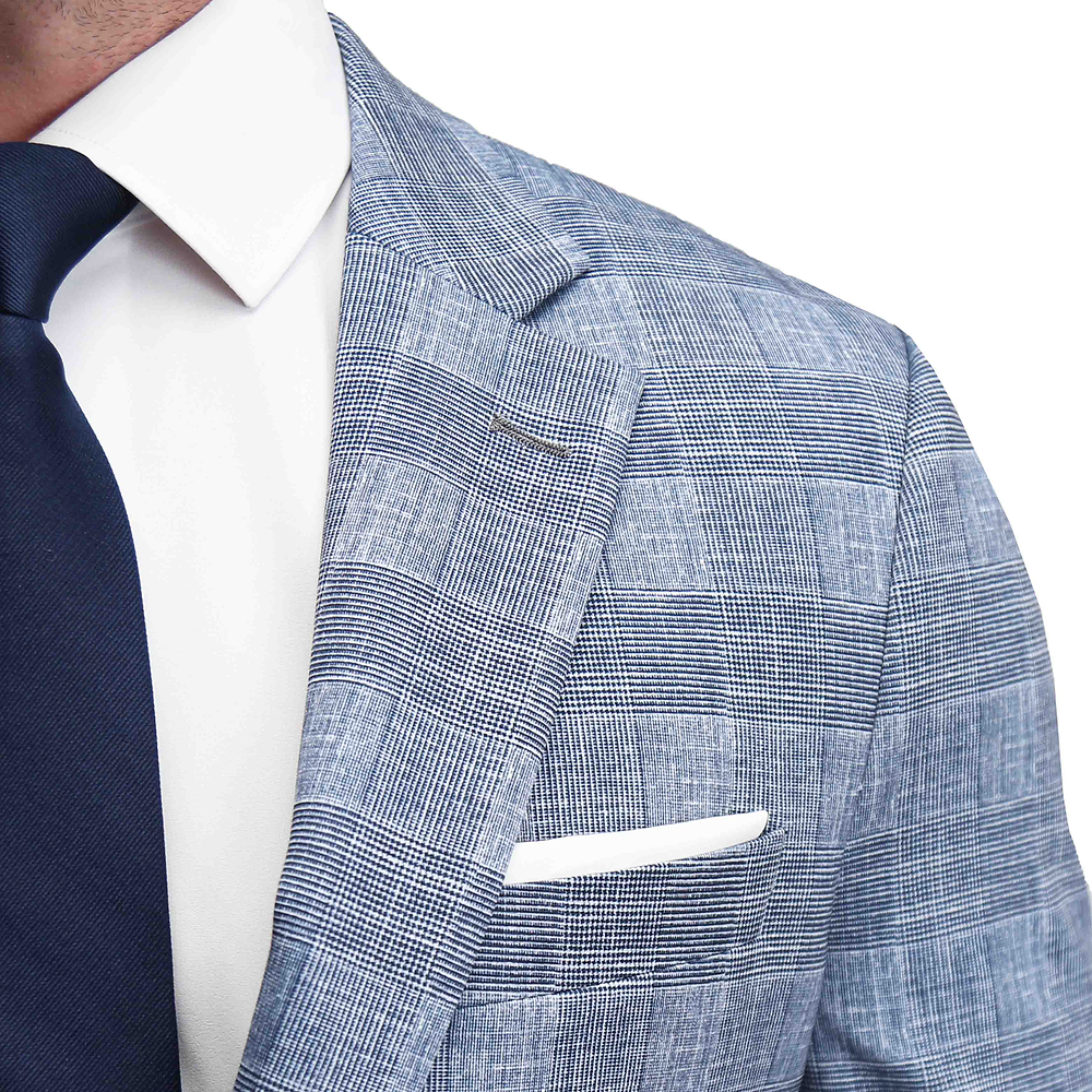 Athletic Fit Stretch Suit - Knit Light Blue, Navy & White Plaid