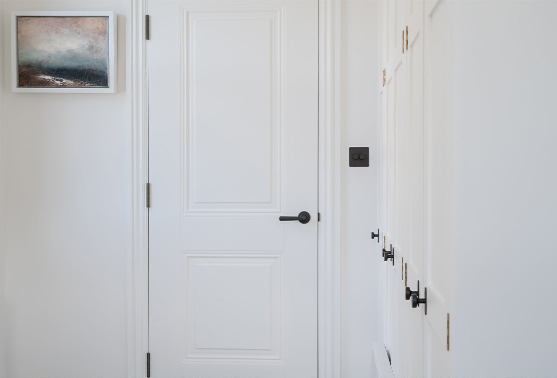 A sleek white door with black handle, next to wall-mounted storage and a framed landscape painting in soft colors.