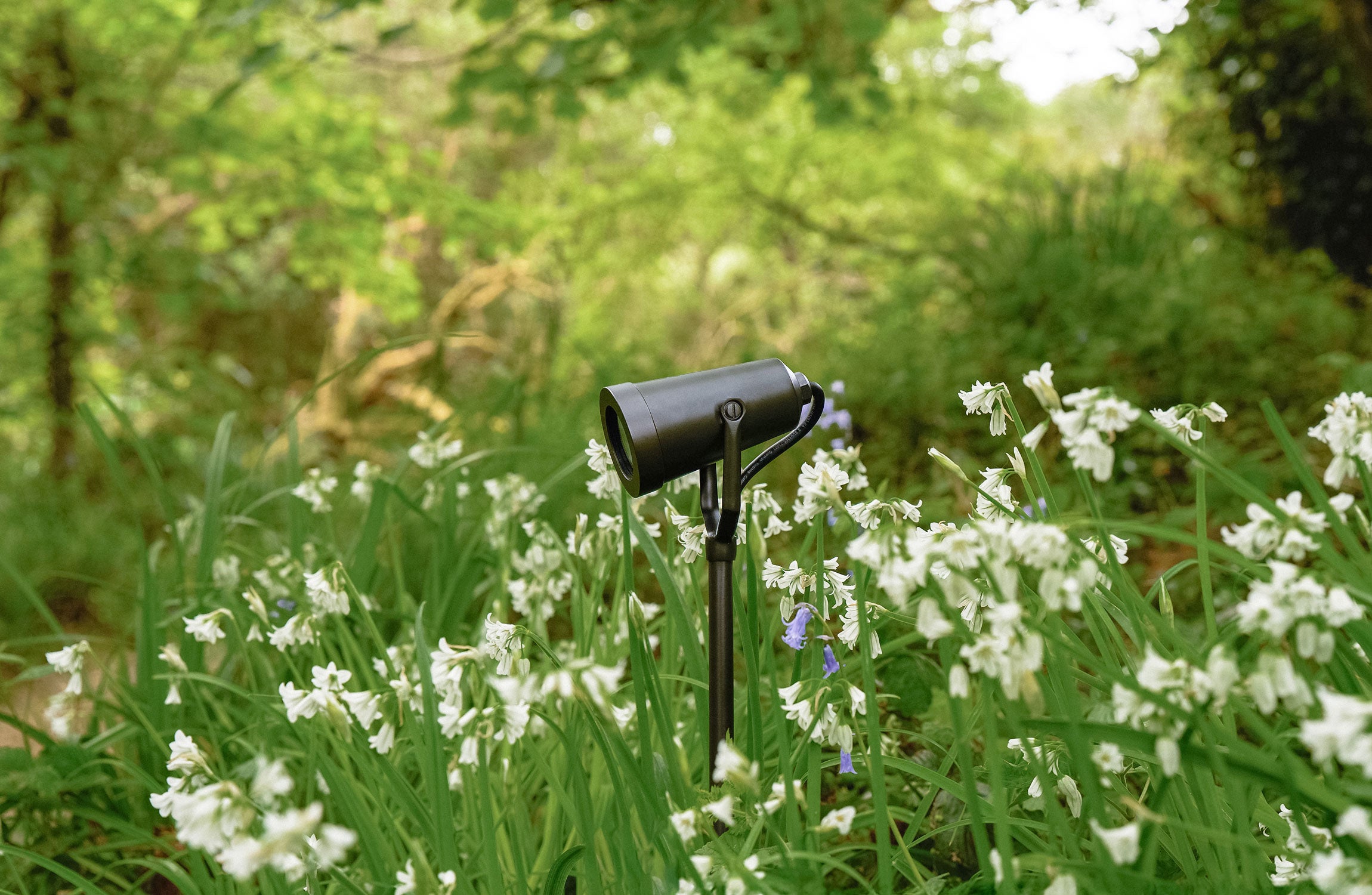 Two 'Ealing Ground Spotlights' within a garden planter among lush green grass, against a vibrant background.
