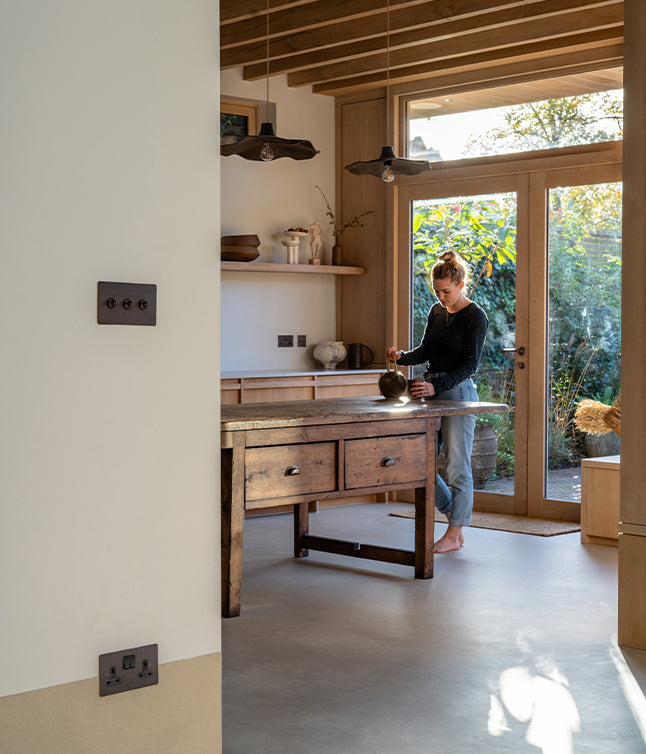 Alternative angle of contemporary kitchen featuring wooden accents
