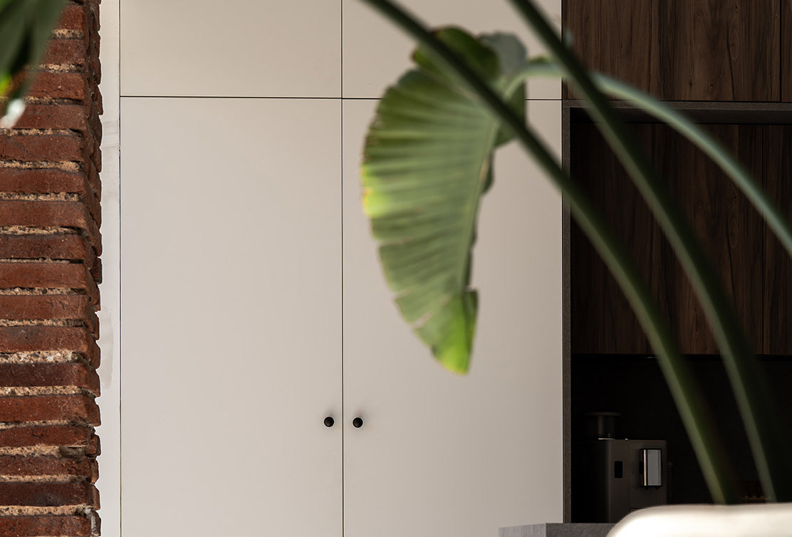 Close-up of a textured gray wall featuring a sleek brass light switch, with a glimpse of a white cabinet and lush greenery.