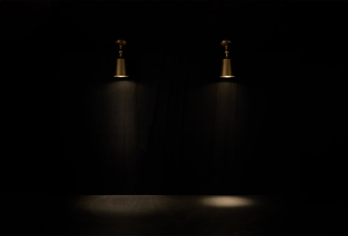 Two side by side 'Baylis Single' spotlights in a dark setting, that demonstrate the difference in beam size when using a wide versus narrow bulb.