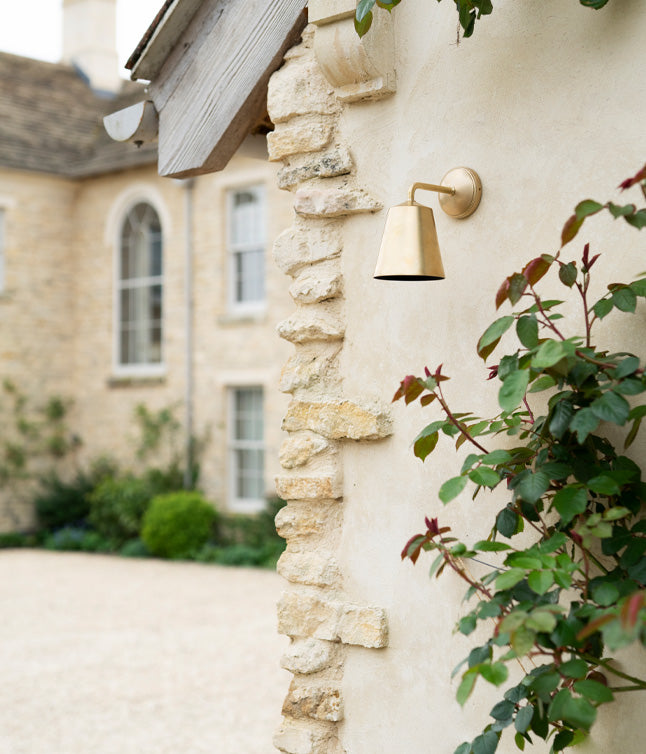 A rustic stone wall of a house features a golden wall lamp and lush green climbing plants, blending elegance with natural beauty.