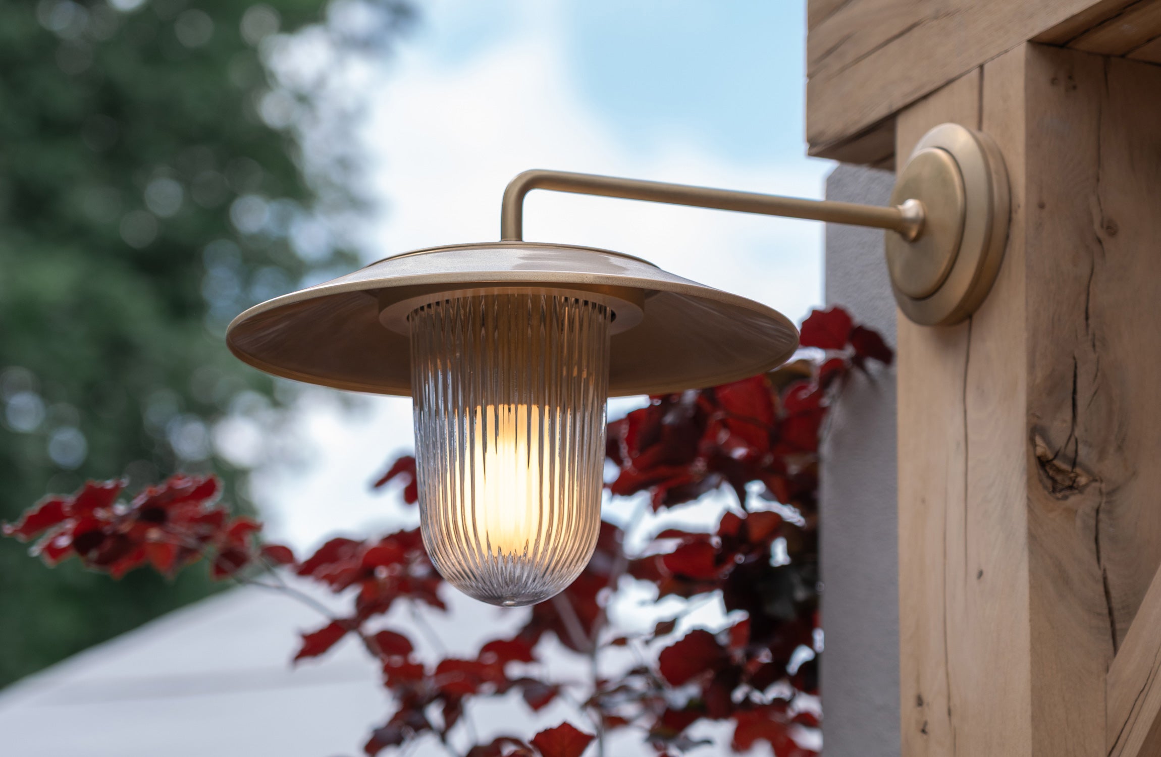A stylish gold wall lamp with a fluted glass shade emits warm light, set against a backdrop of red leaves and a blurred sky.