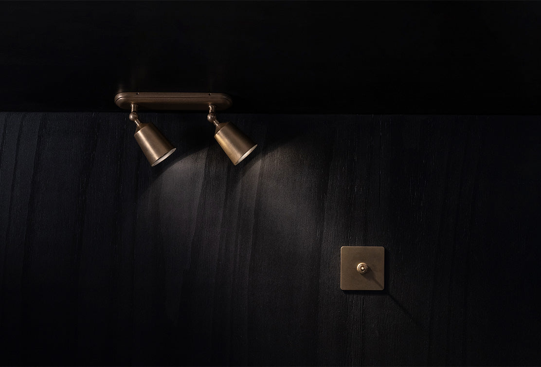 Brass spotlights mounted on a dark wall, illuminating textured wood, with a matching brass switch nearby.