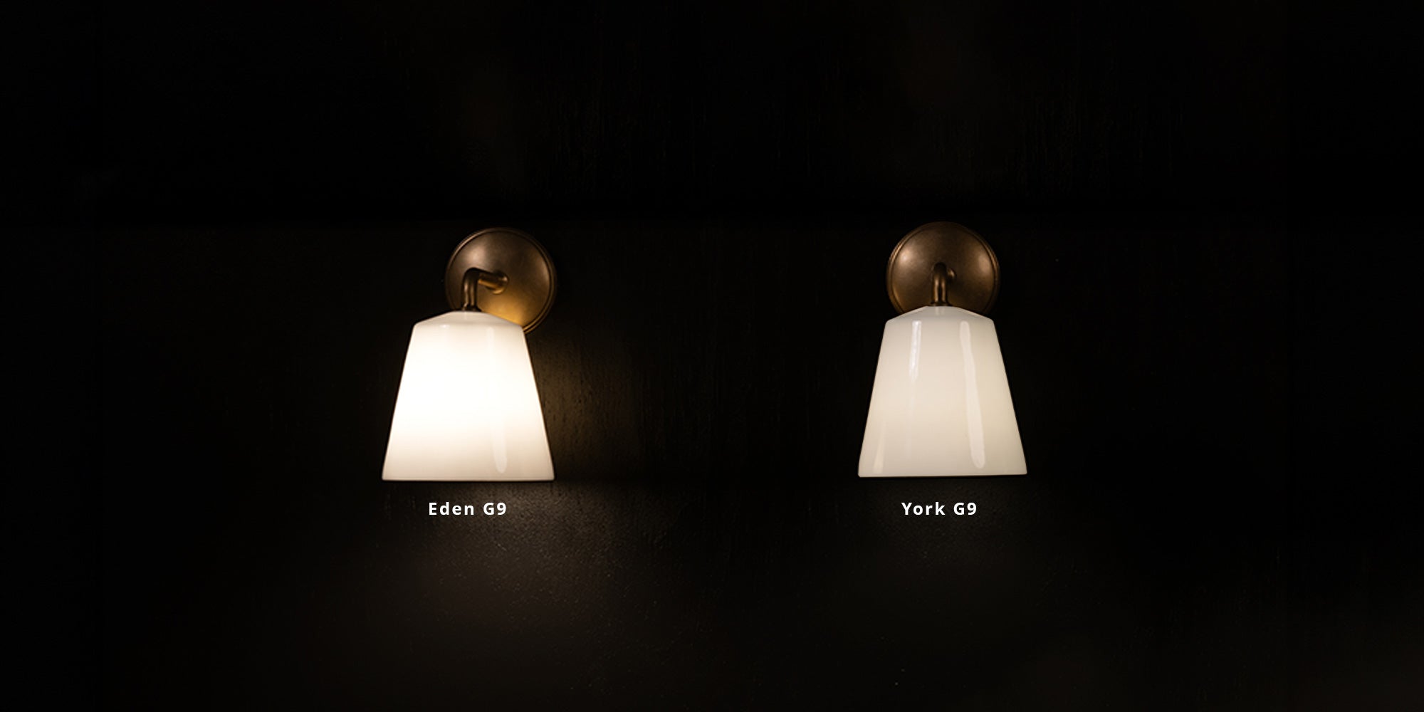 Two stylish wall lights, Eden G9 and York G9, displayed against a dark background, showcasing their elegant designs.