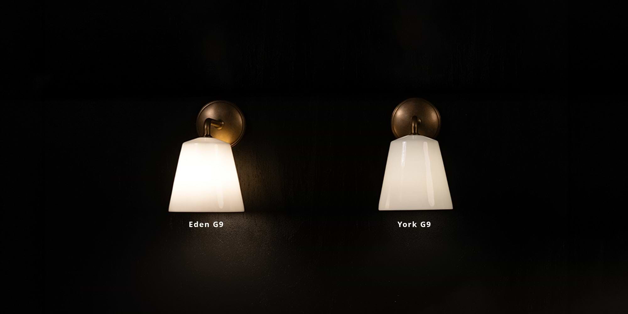 Two stylish wall lights, Eden G9 and York G9, displayed against a dark background, showcasing their elegant designs.