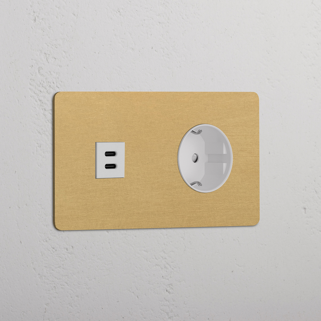 Double USB 30W & Schuko Module - Antique Brass White