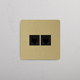 RJ45-Anschluss 1x in Einfachrahmen – Antikes Messing + Schwarz modernes Design – auf weißem Hintergrund